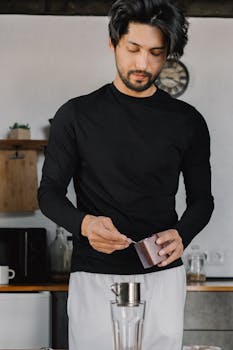 A man prepares coffee in a contemporary kitchen, creating a comforting morning ritual.