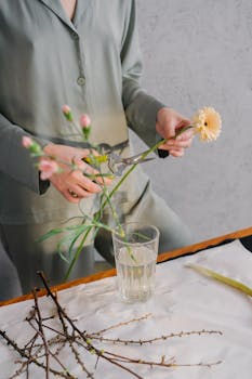 A woman in green outfit trimming flowers for a floral arrangement indoors.