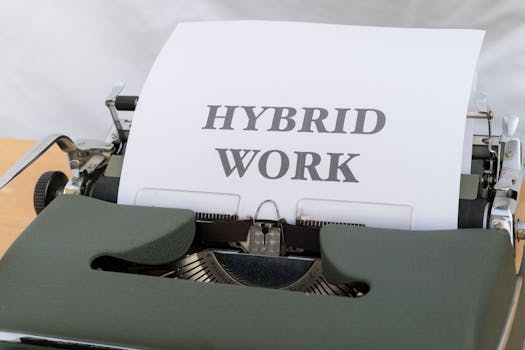 Close-up of a vintage typewriter with the text 'Hybrid Work' on paper, symbolizing modern work trends.