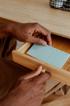 Close-up of hands placing a small notepad in a wooden desk drawer, showcasing organization.