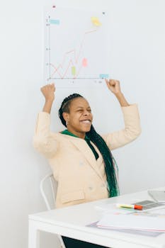 Happy businesswoman with braided hair celebrating success with raised fists in office.