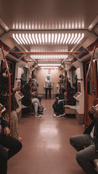 Passengers on a subway train, sitting and standing, using mobile devices and wearing masks.