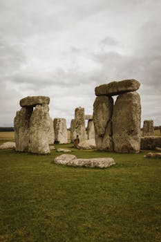 View of the iconic Stonehenge under a gray sky, capturing the ancient mystery of England's historical landmark.