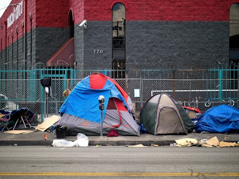 A view of tents set up on a sidewalk in Los Angeles, representing urban homelessness.