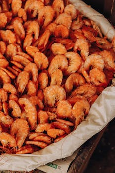 Close-up of vibrant shrimp on display at a market in Belém, Brazil.